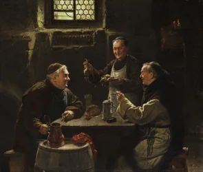 Drei Mönche bei der Vesper-Mahlzeit